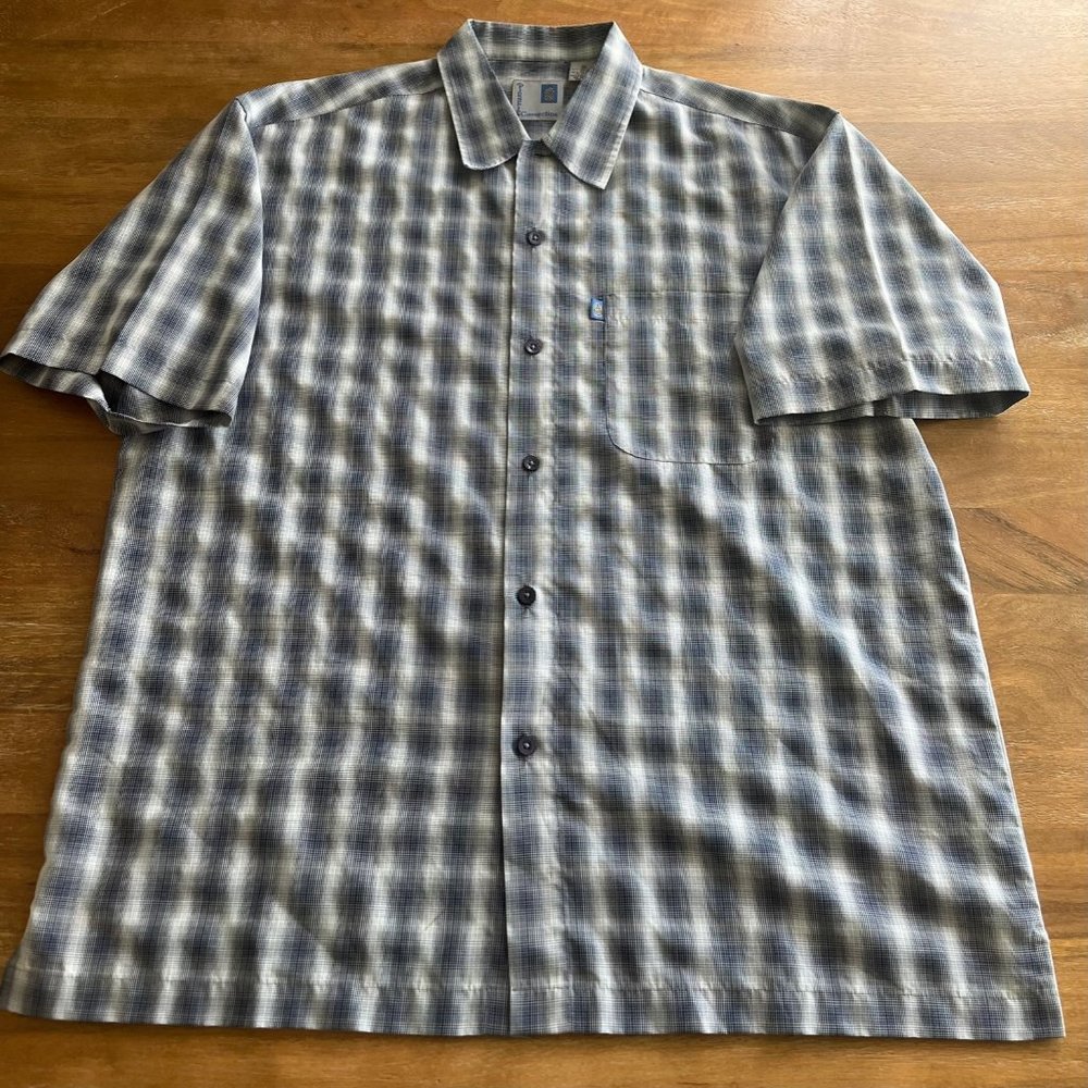 Vintage Men’s Pineapple Connection Medium Hawaiian Shirt Blue Plaid Rayon‎ Blend